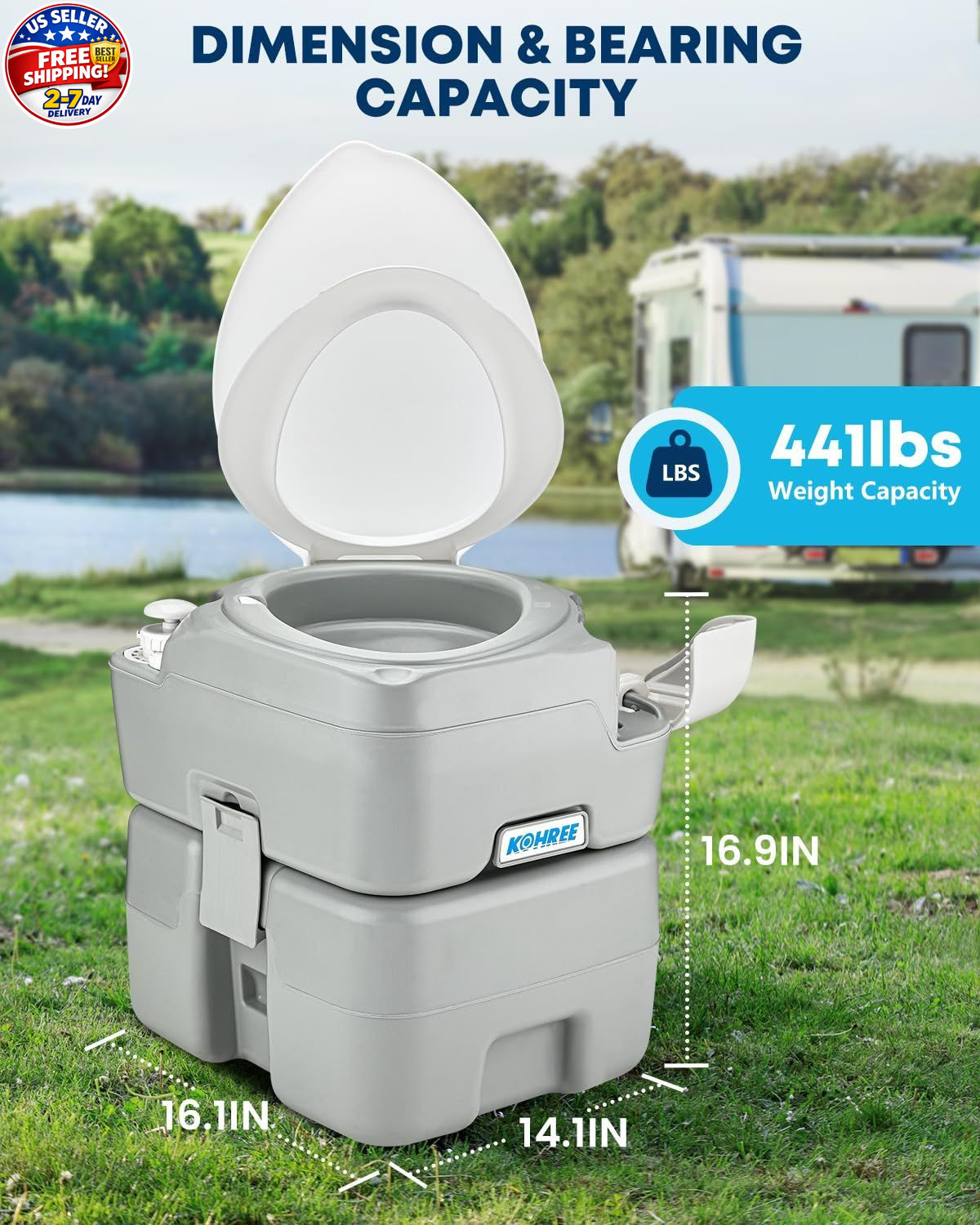 Camping Toilet Portable 5.3 Gal: 20L Porta Potty for Adults with Diagonal Elonga