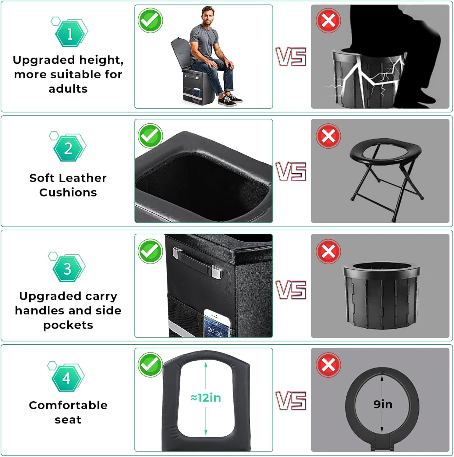 2026 Upgraded XL Portable Toilet for Adults,Tall Camping Toilet with Lid and Con