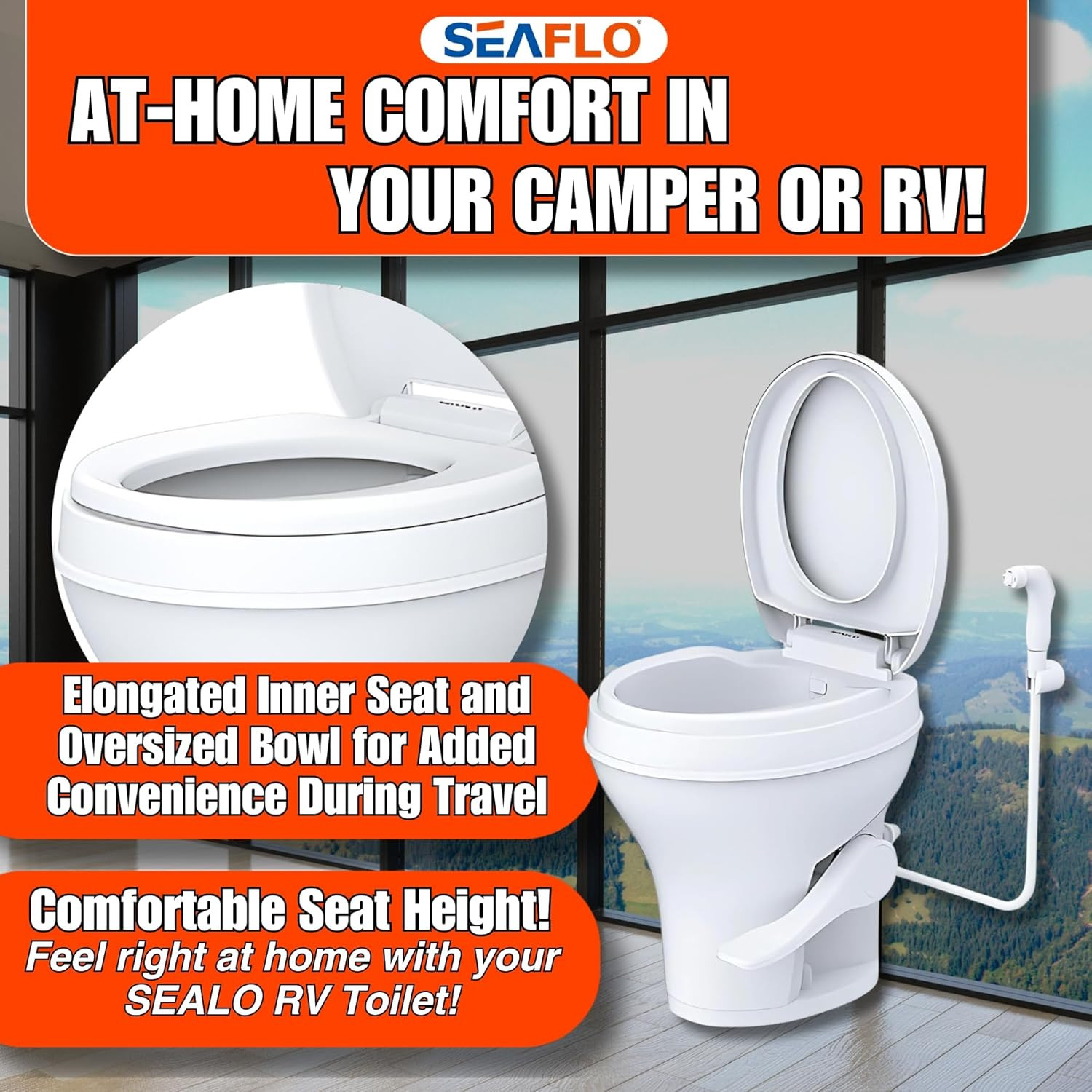 Residential Height Camper/Rv Toilet with Sprayer Attachment, 18.5” Standard Heig