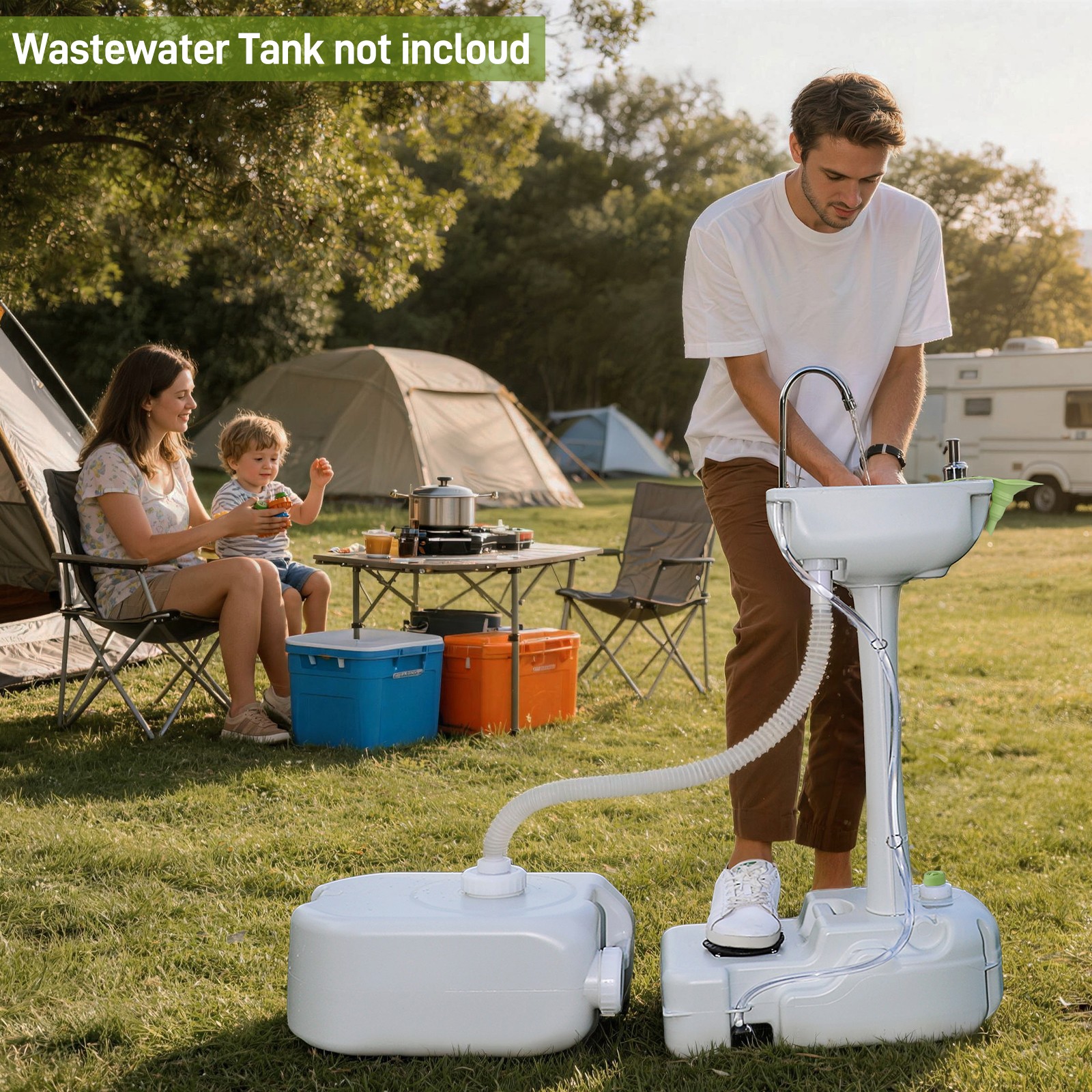 Portable 19L Water Wash Basin Stand Rolling Wheels Camping Hygiene Sanitation