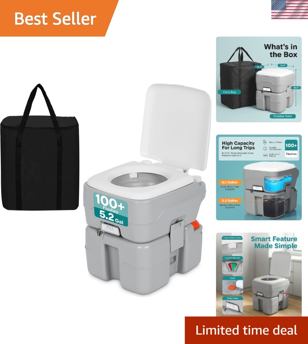 All-in-One Camping Toilet – 5.2 Gal with Strong Flush & Odor Control Features