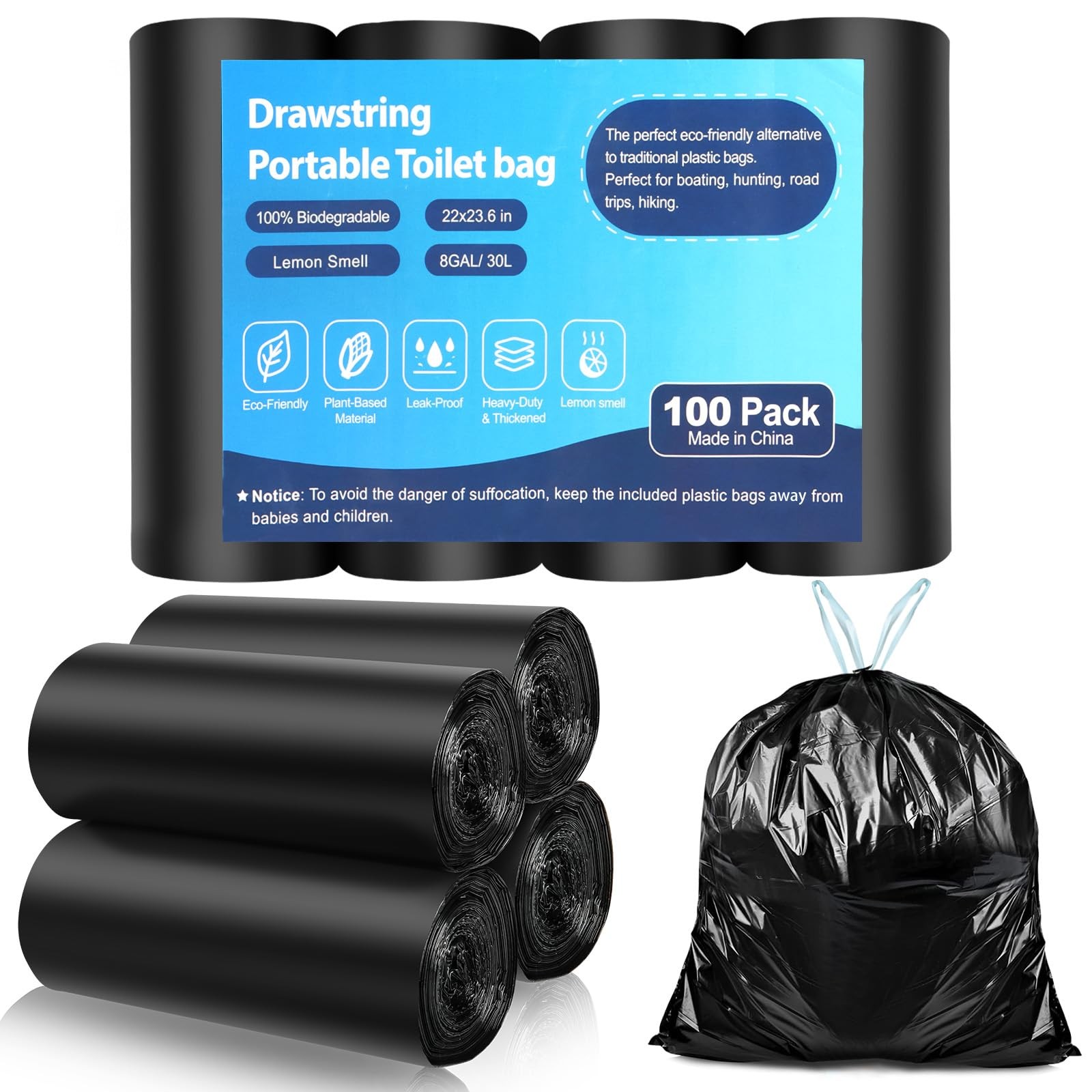 100 PCS Portable Toilet Bags, Drawstring Biodegradable Camping Potty Bags 8 G…