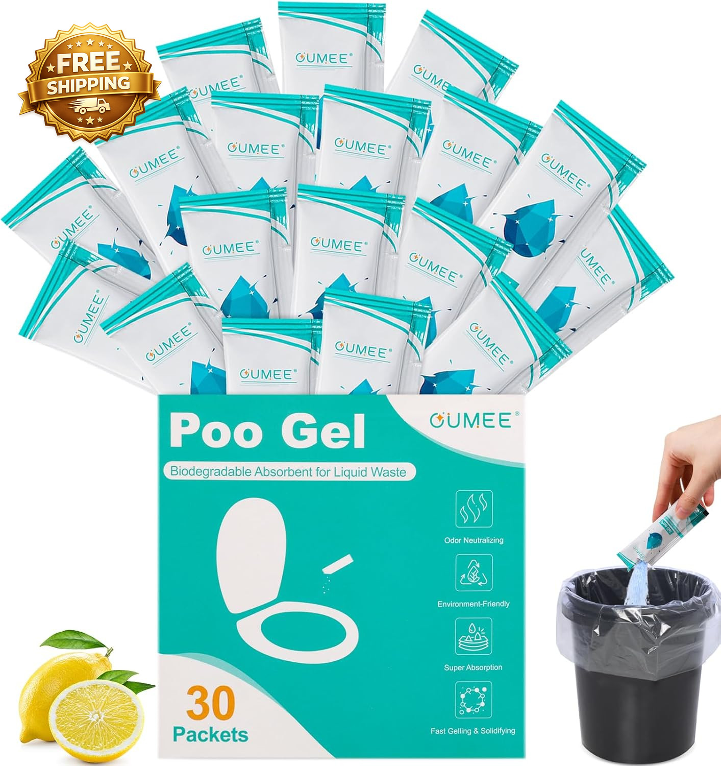 30 Pack Lemon Portable Toilet Gel Poo Gel for Potty Camping Toilet Powder Bucket