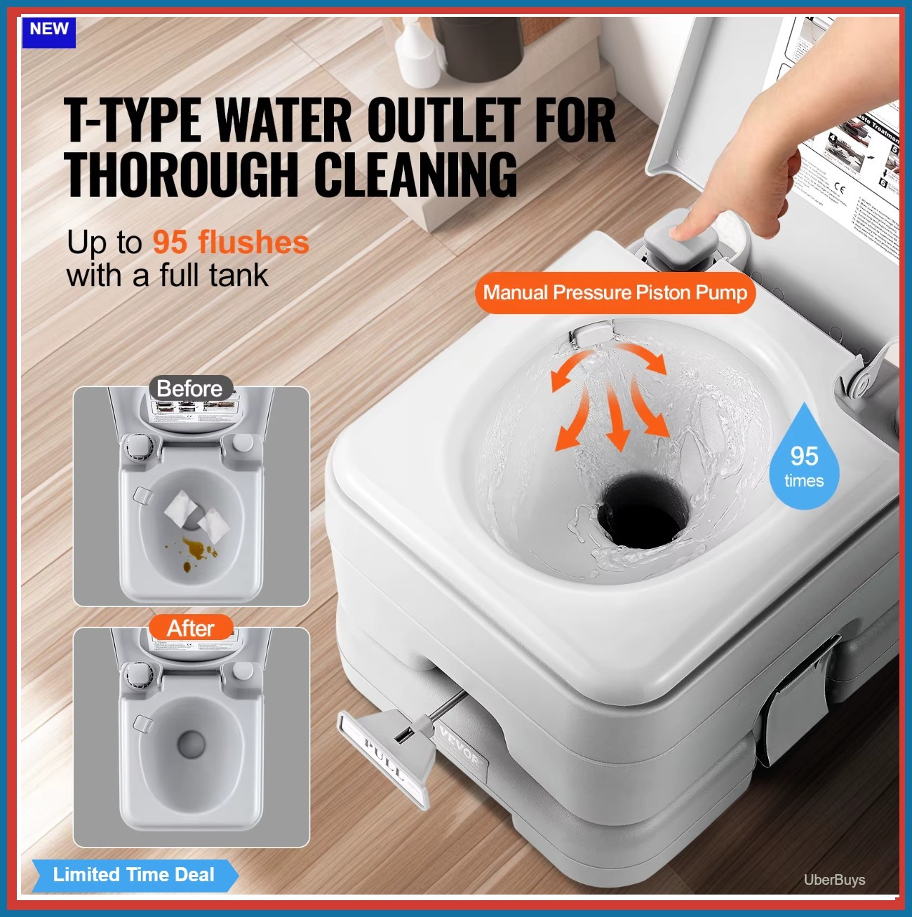 Portable Toilet for Camping Pressurized Flush Commode Cyclone Flushing