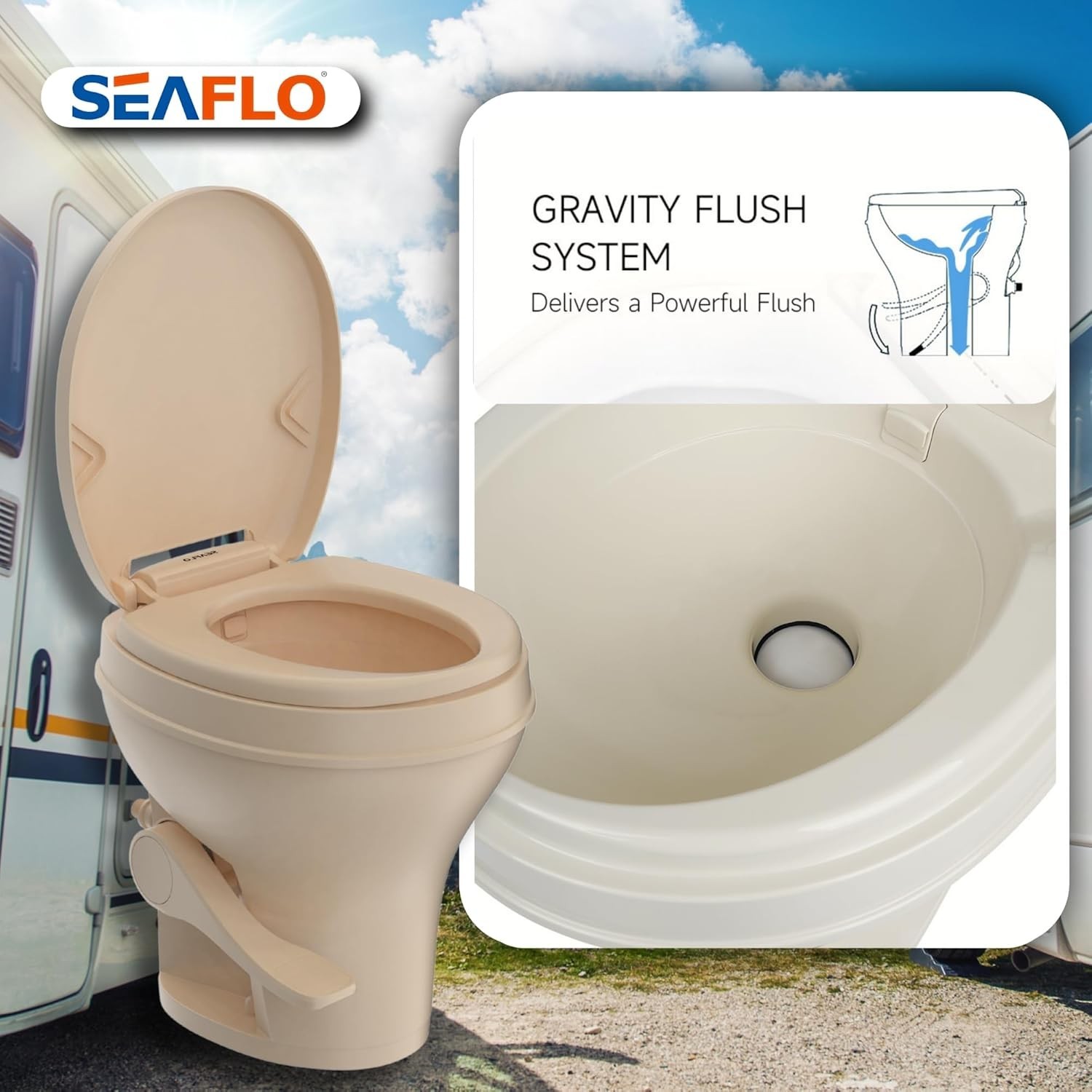 SEAFLO Residential Height Bone Camper/RV Toilet with Sprayer Attachment, 18.5”