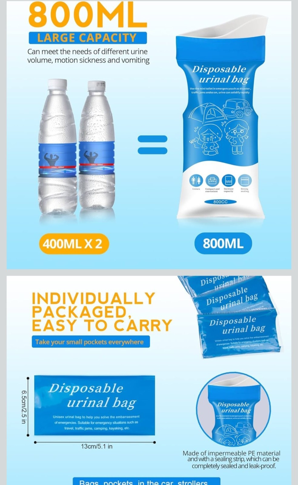 Disposable Urine Bag, 24 PCS 800ML for Travel, Emergency Portable Pee, Unisex