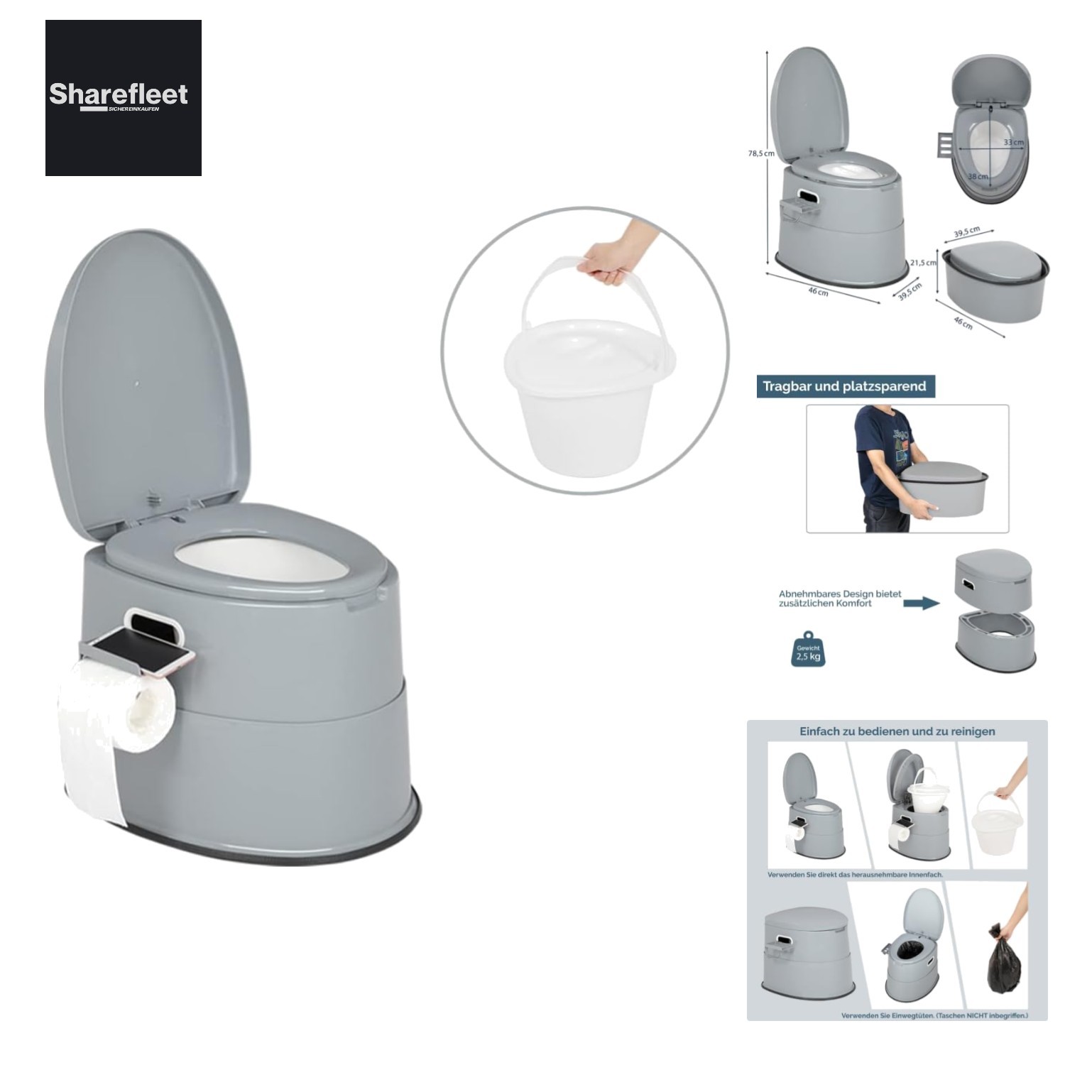 Portable Travel Toilet, Removable Indoor Bucket Mobile Toilet with Seat, Deck…