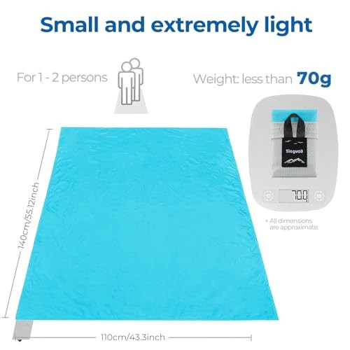Pocket Picnic Blanket for 1-2 Persons(2.54oz) 43.3×55.12″ Blue (Grey Pack)
