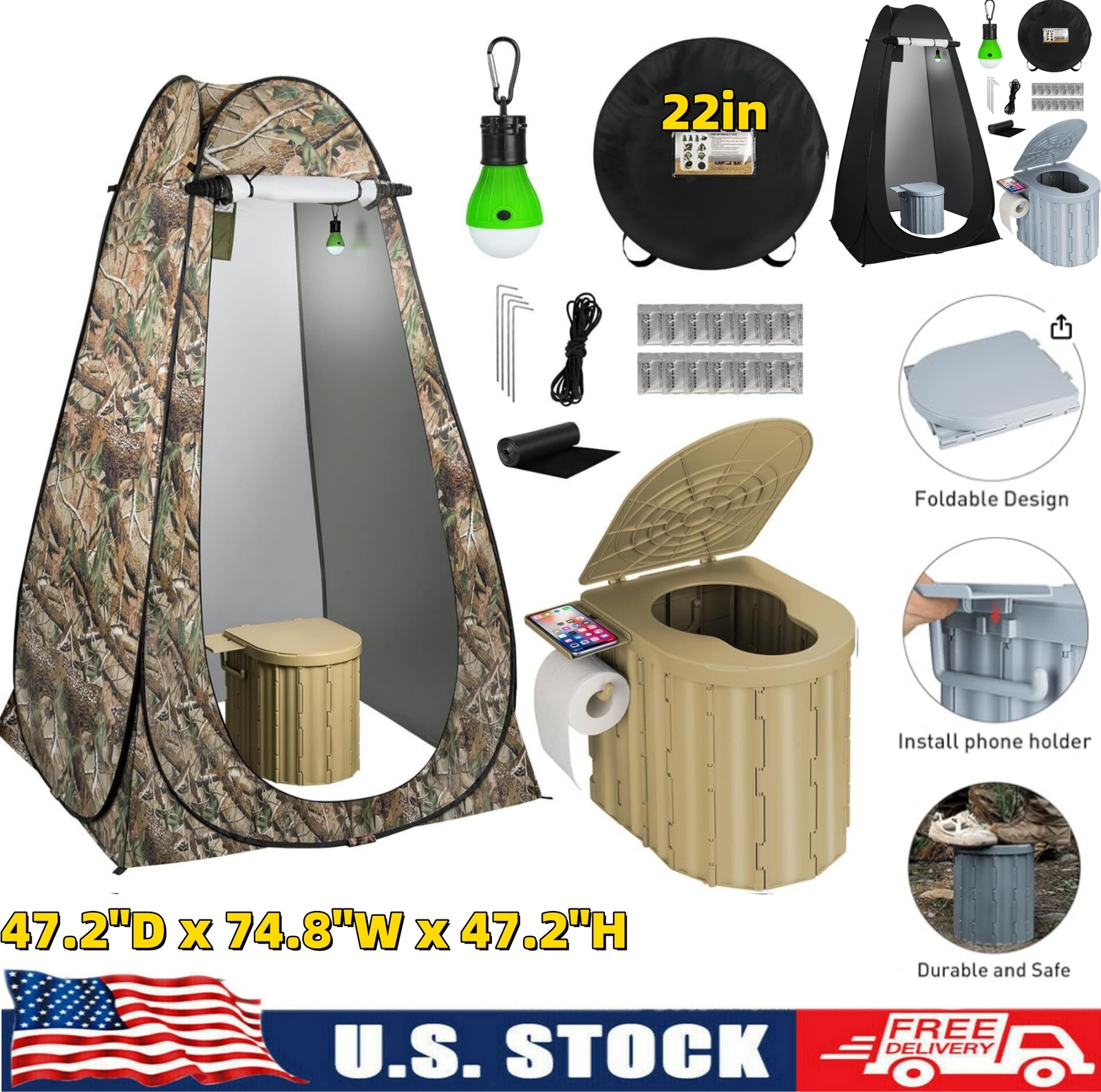 Outdoor Portable Toilet with Instant Pop Up Tent Privacy Camping Toilet Potty US
