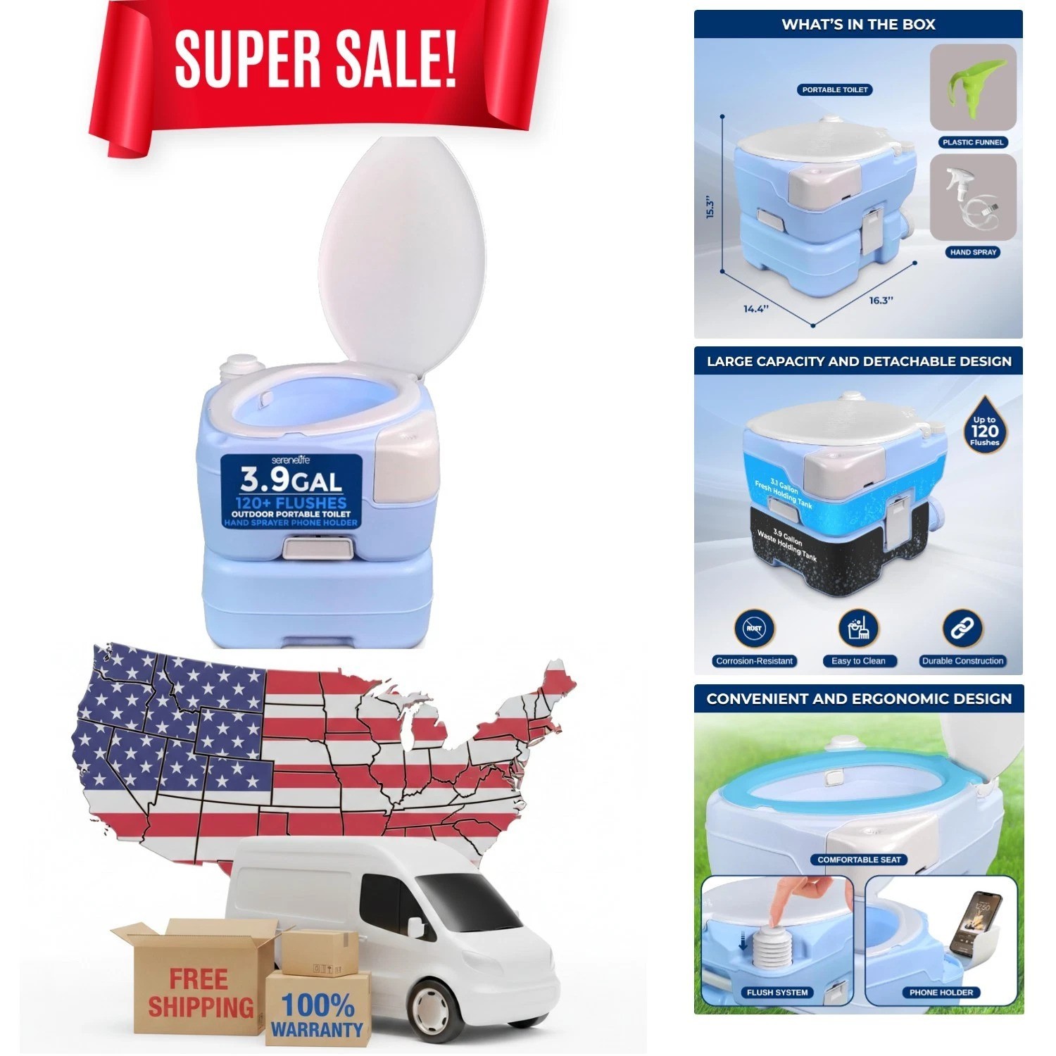 Portable 4-Gal Camping Toilet – No Leaks, Extra Comfort, & Convenient Features