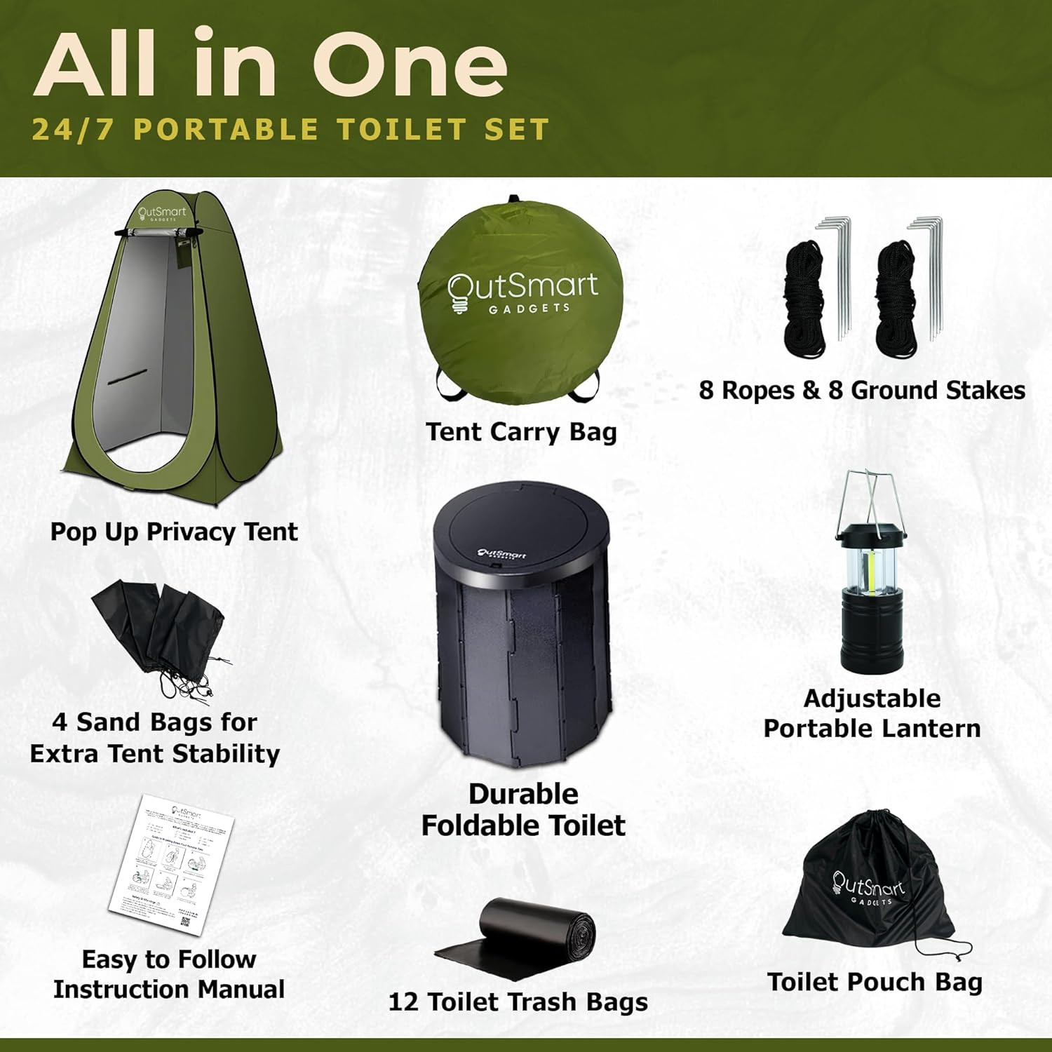 Outdoor Portable Toilet Set for Adults with Camping Night Lantern, Folding XL To