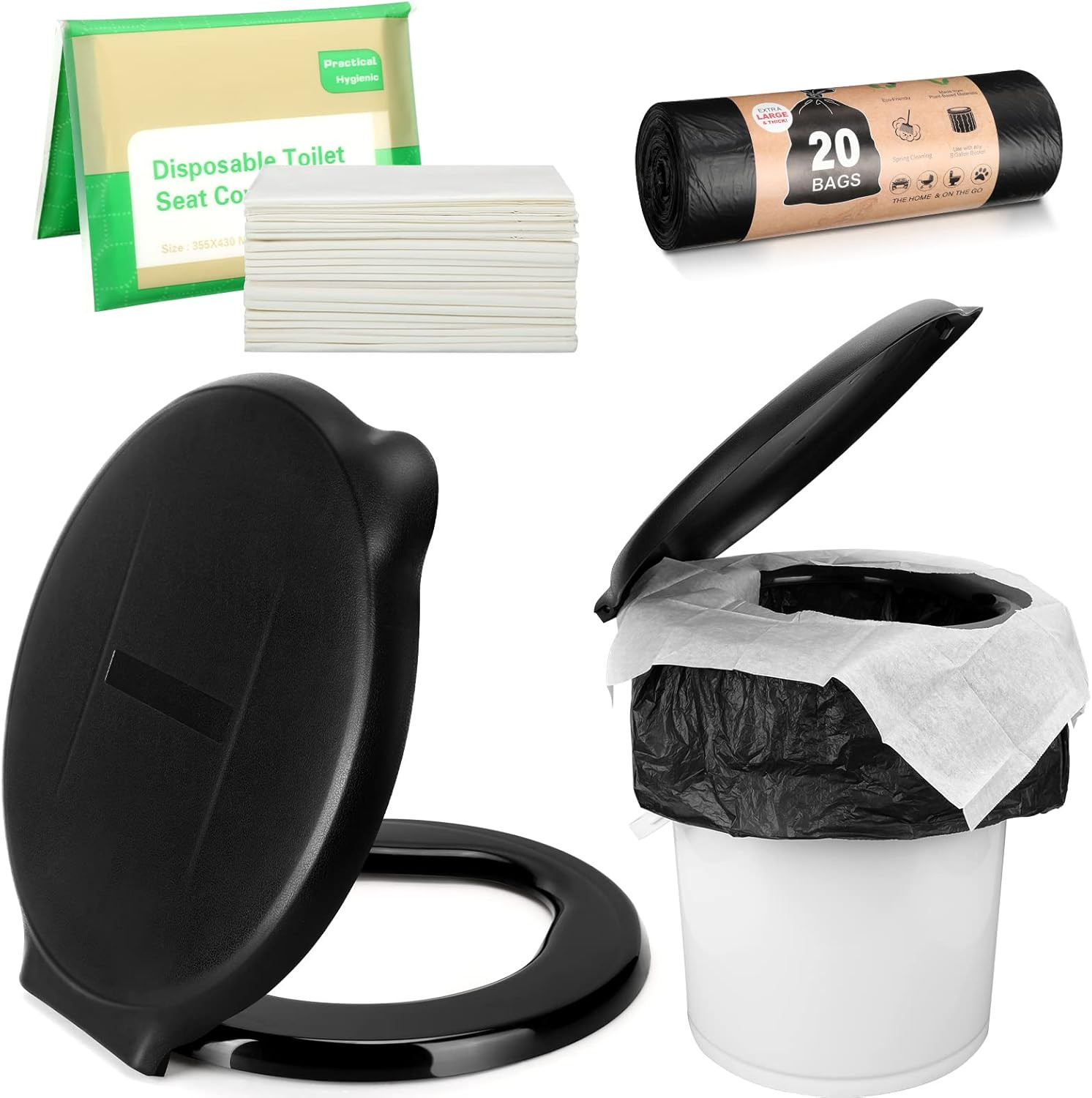 1 Set 5 Gallon Bucket Toilet Seat with Lid Portable Bags and Paper Covers Set…