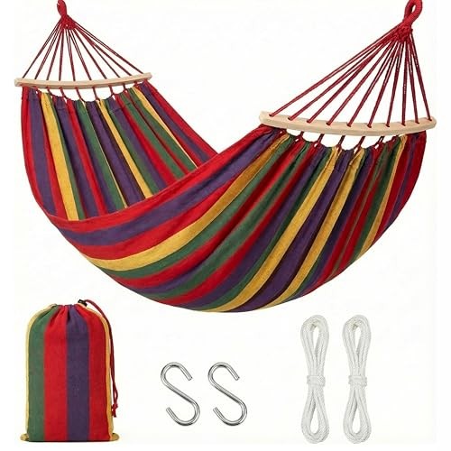 Multicolor Striped Fabric Hammock with Wood Spreader Bars Portable Outdoor Red