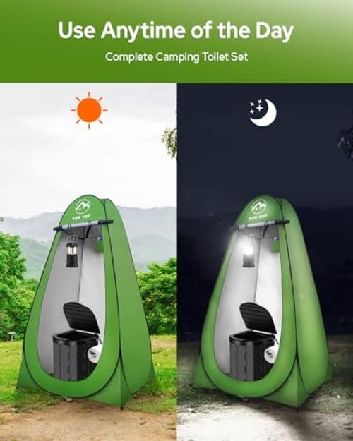 Portable Toilet Kit, Camping Toilet with Black Toilet and Green Tent With Light