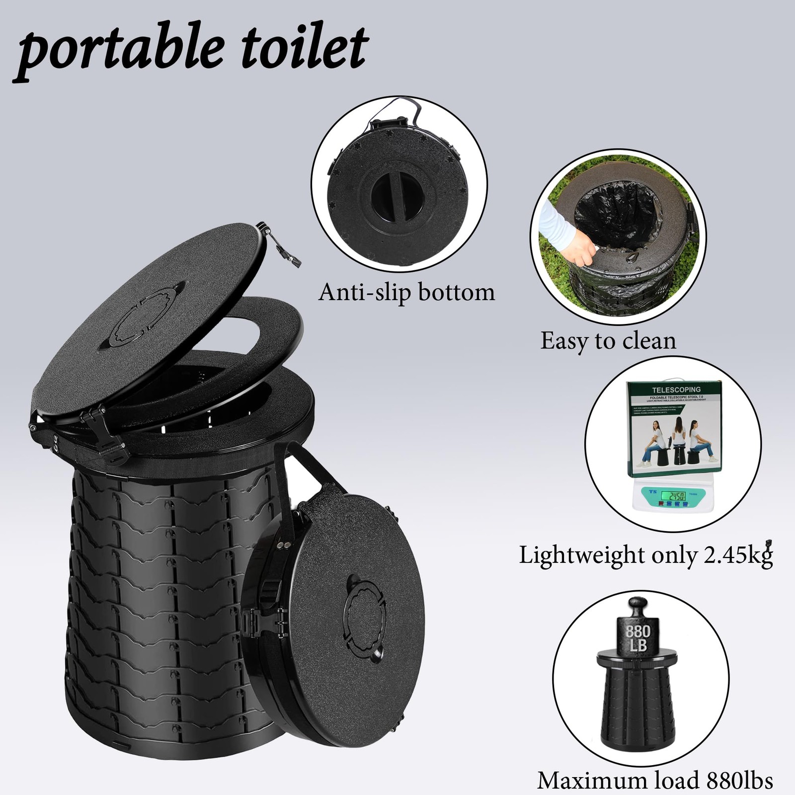 XXL Portable Toilet -19.7″H 15″ D Adjustable Foldable Camping Toilet, Luggabl…