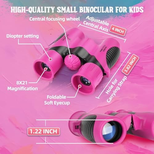 Portable 8×21 Binocular for Kids with Compass Carabiner&Magnifying Rose-Pink