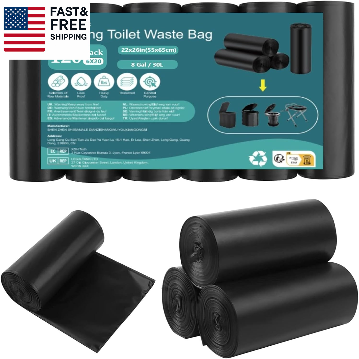 Camping Toilet Bags, 120 PCS (6 Roll) Portable Toilet Bags, Thickened Toilet Was