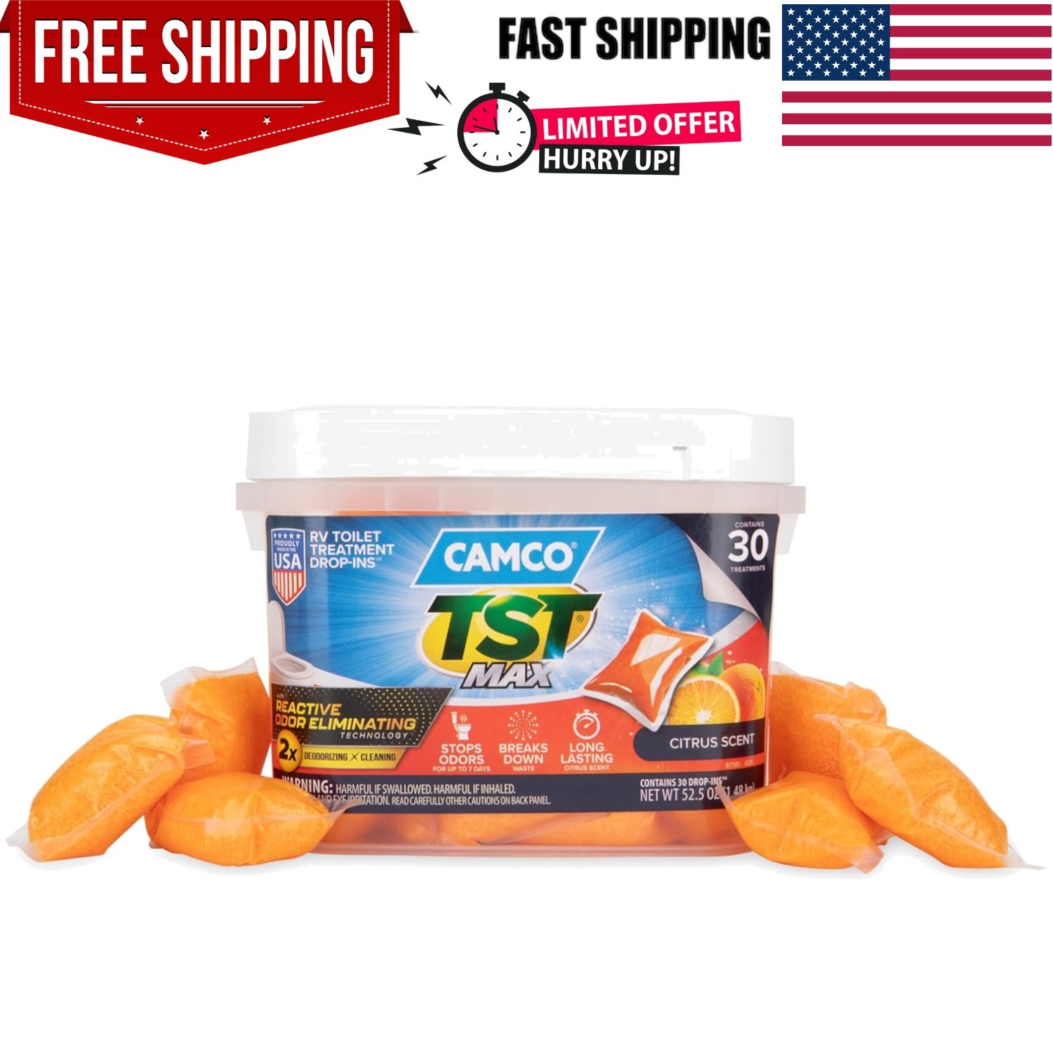 Powerful TST MAX RV Toilet Pods – 30 Citrus Scented Drop-INS for 40 Gallon Tanks