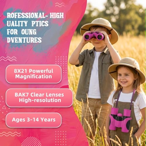 Portable 8×21 Binocular for Kids with Compass Carabiner&Magnifying Rose-Pink