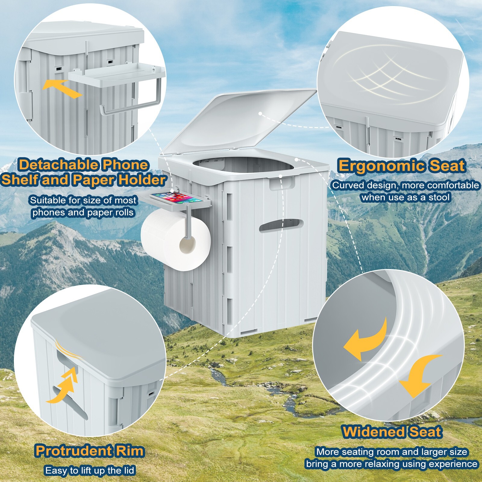 XL Portable Foldable Camping Toilet with Lid, Phone Shelf and Paper Holder