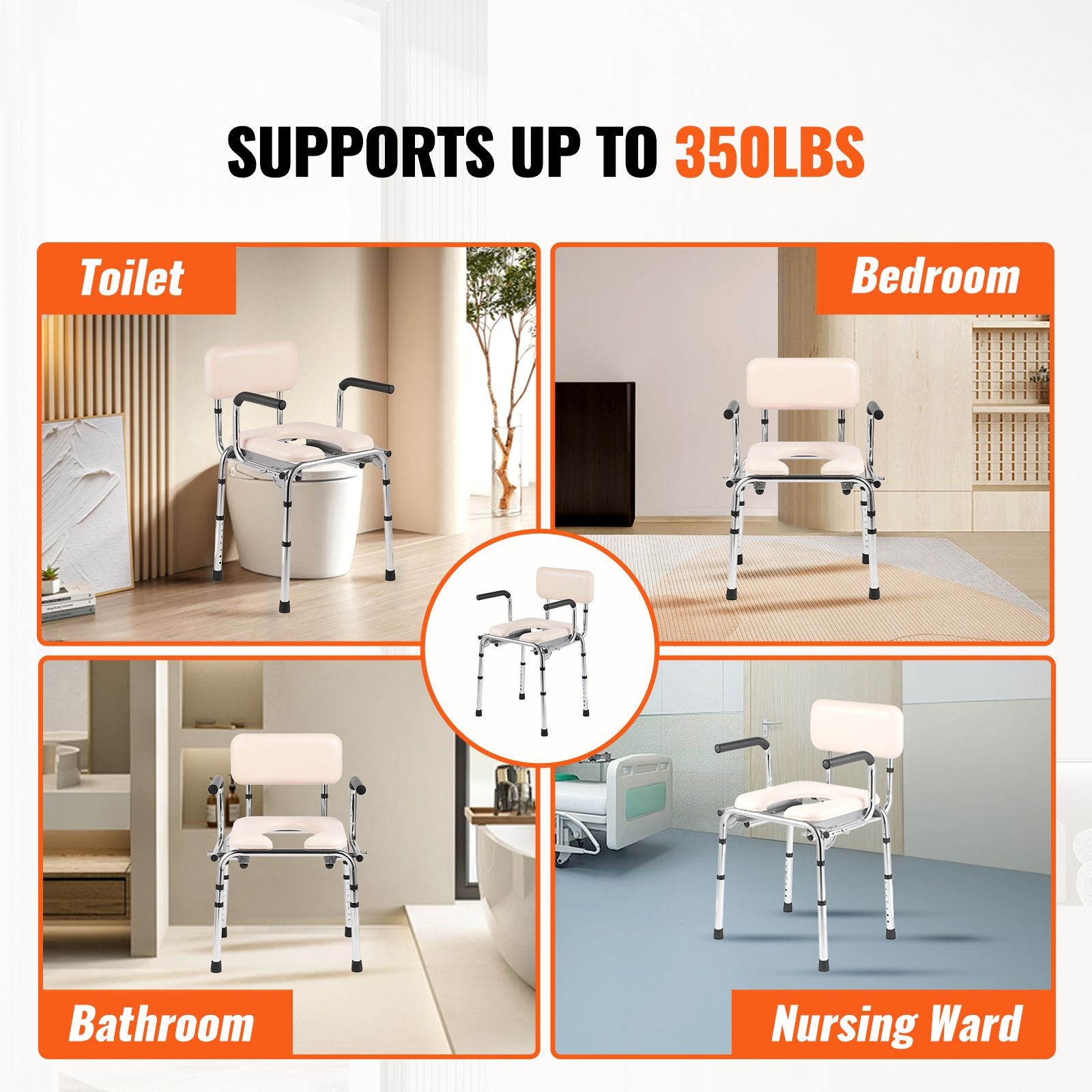 Commode Chair, Bedside Commode with Padded Seat, Drop – Down Arms, 7 – Level