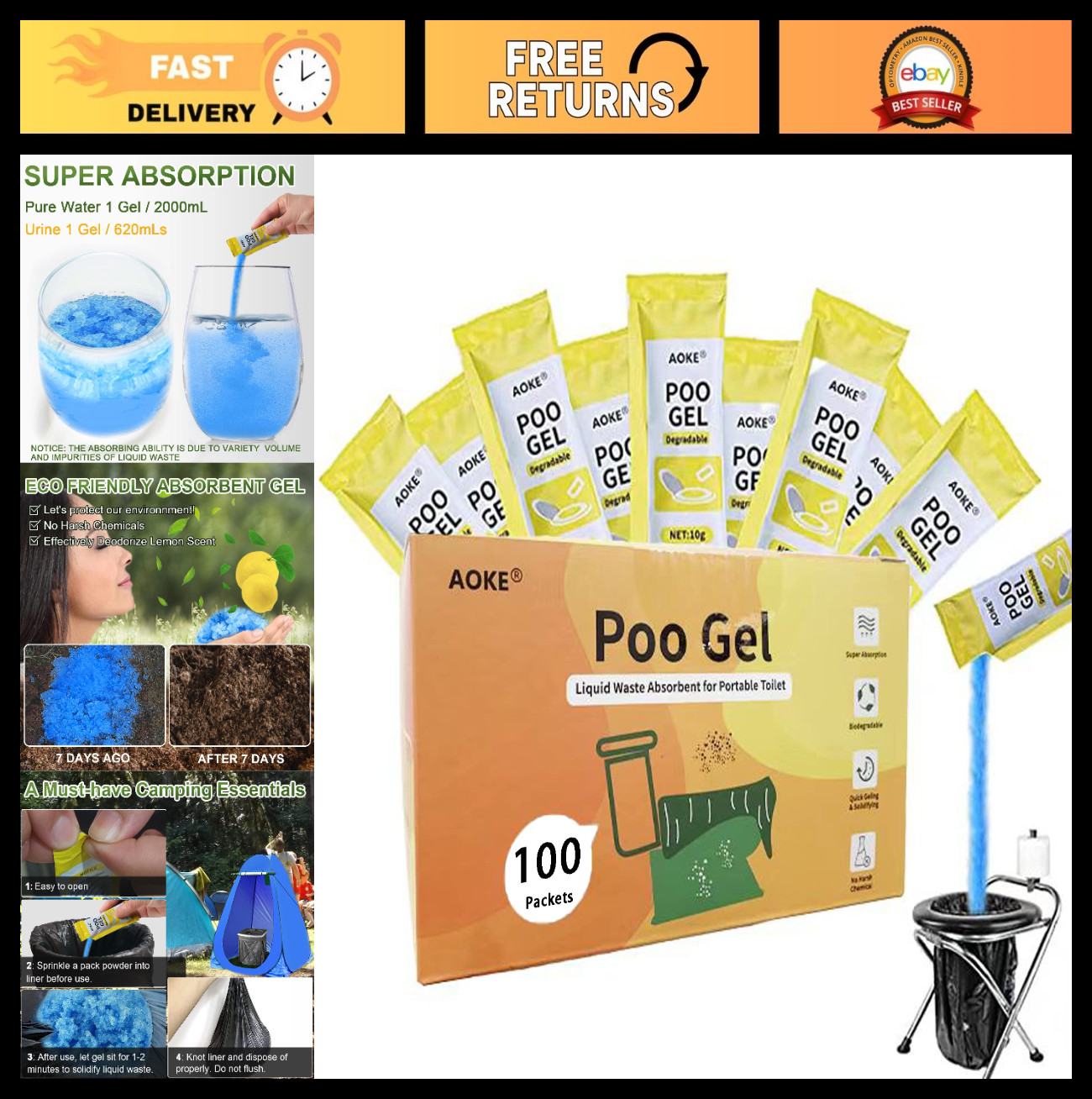 Portable Toilet Powder 100 Pack – Eco-Friendly Lemon Gel for Camping & Hiking Wa