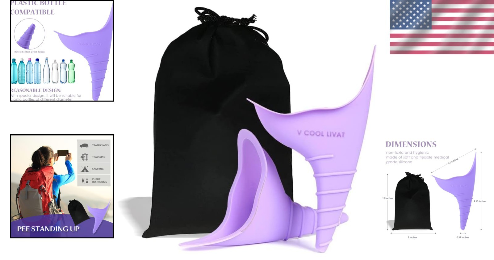 Travel-Friendly Female Urination Device – 2 Pack Silicone Pee Funnel in Purple