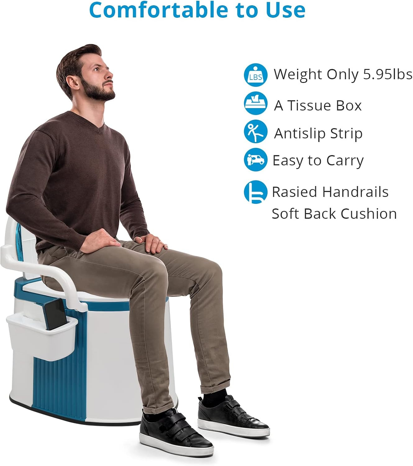 Portable Toilet | Back & Handrail Design Commode with 5 Gallon Bucket Inner, Cam