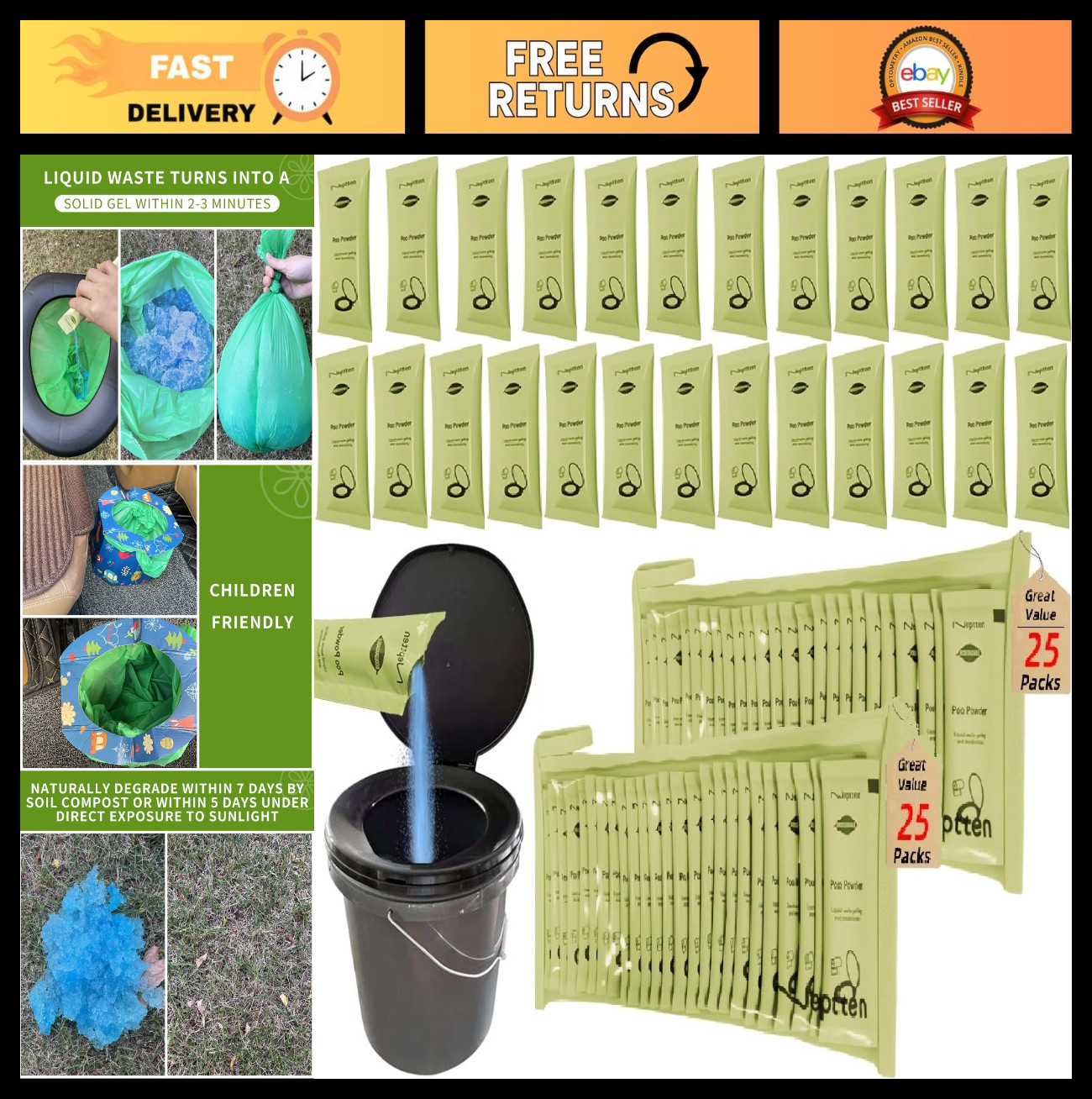 Portable Toilet Powder – Fast-Acting Gel, Odor Neutralizer, Safe for Camping & E
