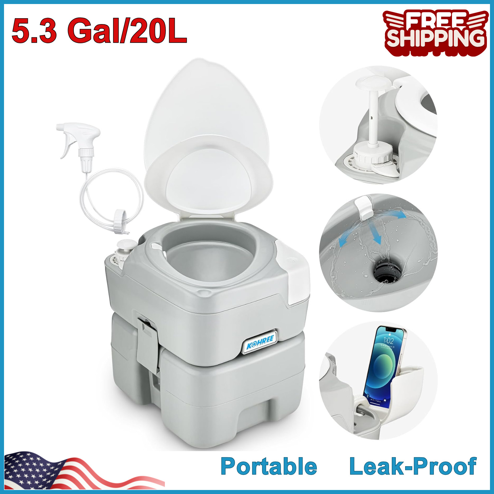 Portable Camping Toilet 5.3 Gal Porta Potty Handle Flush Pump For Trailer Trucks