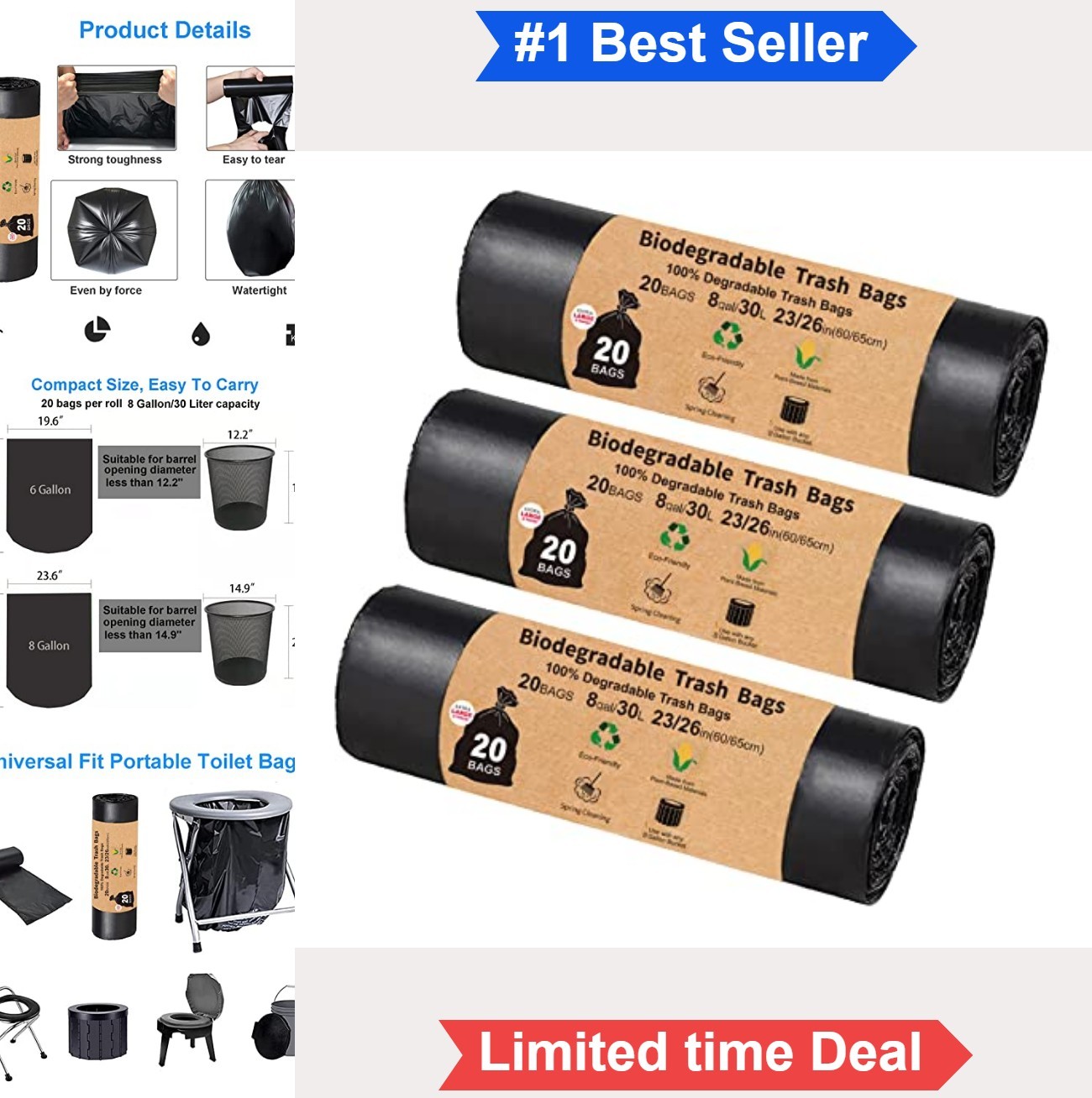 Compostable Toilet Bags 8 Gallon 30 Liter 60 Count Camping Portable Reusable