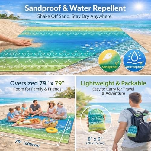 Oversized Beach Blanket (79″ x 79″) | Sandproof & Waterproof, Blue Lime Ripple
