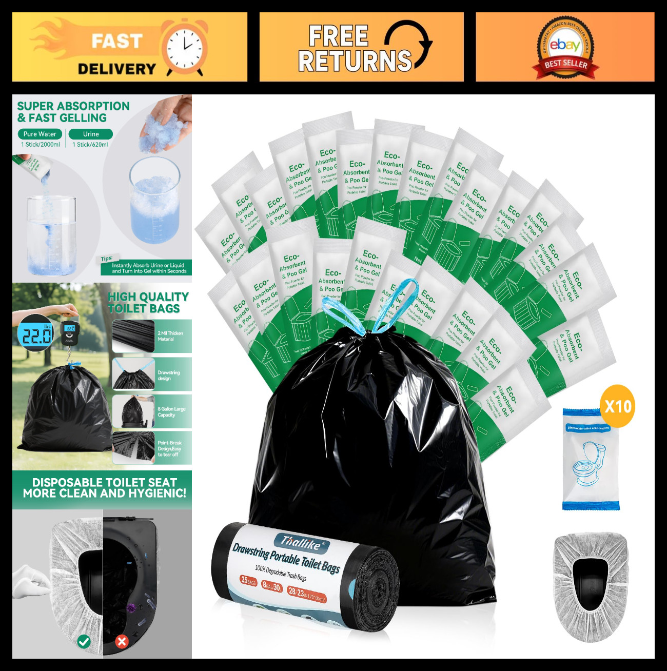 Portable Toilet Bags Set – 8 Gallon Drawstring Camping Bags with Absorbent Gel,