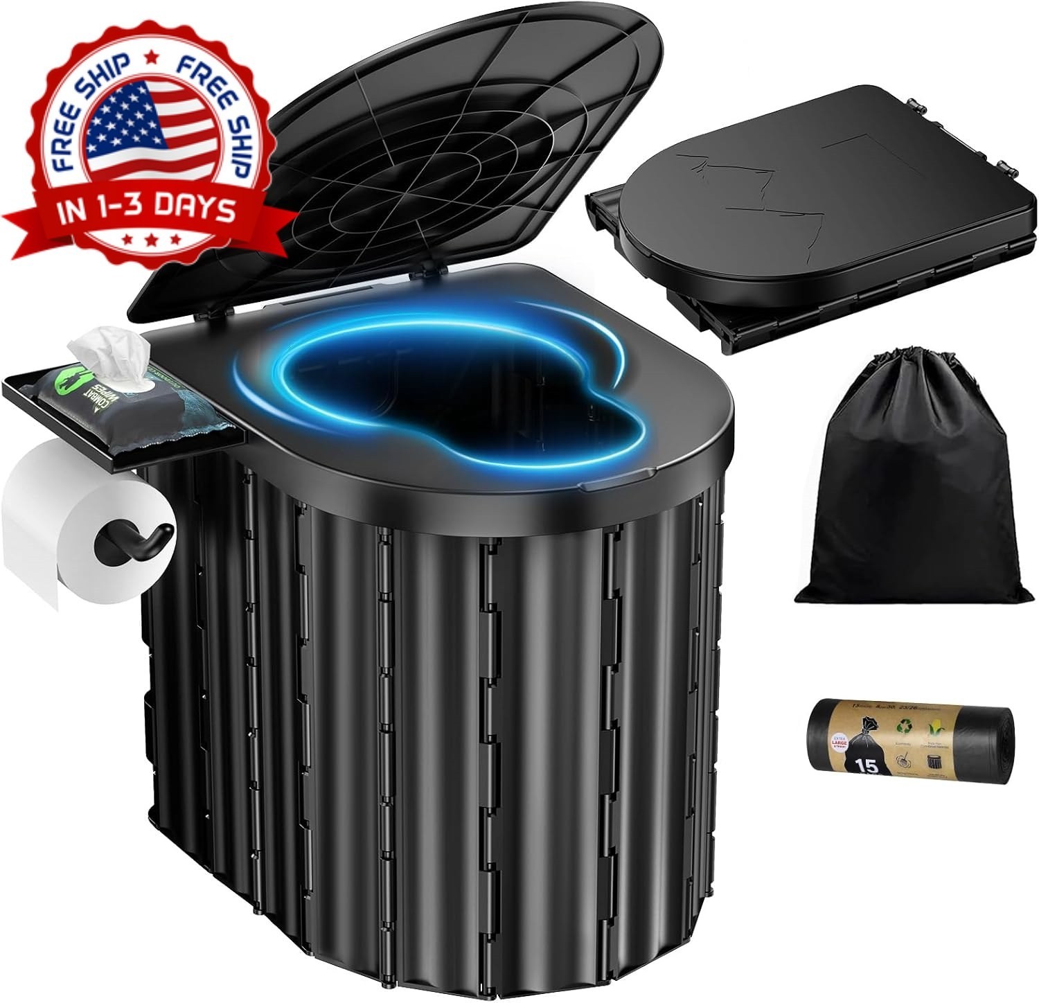Inodoro de camping portatil plegable con tapa y porta papel para auto y viajes