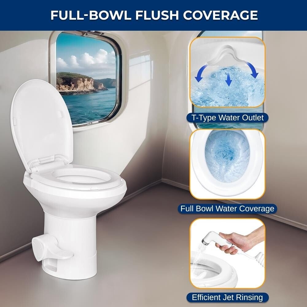 SereneLife RV Plastic Bowl Gravity Flush Toilet w/ Hose Connector, Hand Sprayer