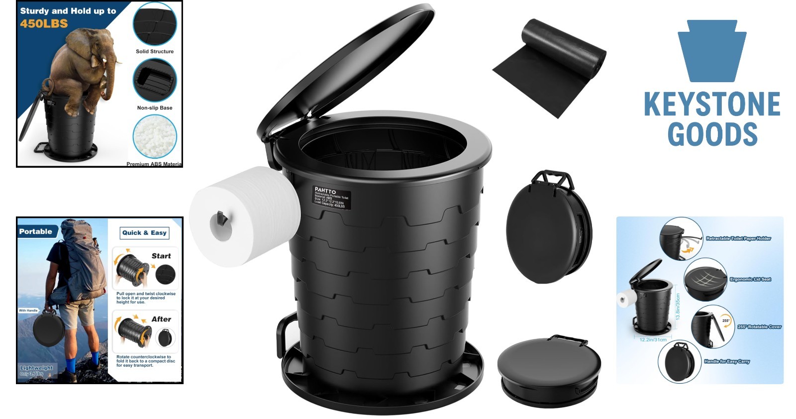 Upgraded Portable Camping Toilet with Adjustable Height & Toilet Paper Holder