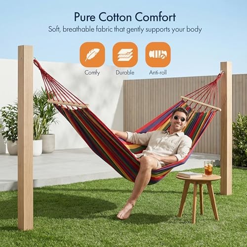 Multicolor Striped Fabric Hammock with Wood Spreader Bars Portable Outdoor Red