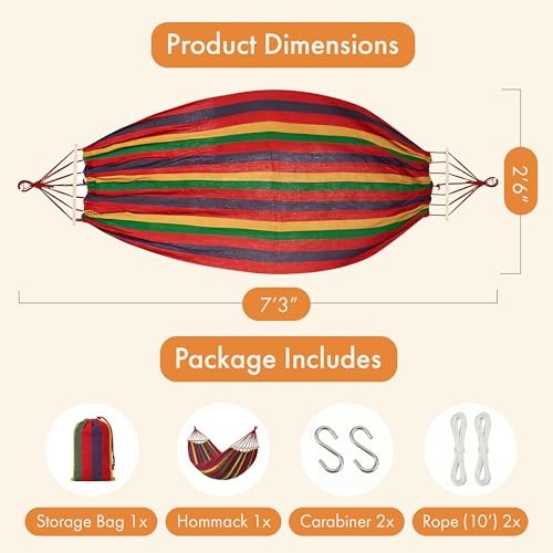 Multicolor Striped Fabric Hammock with Wood Spreader Bars Portable Outdoor Red