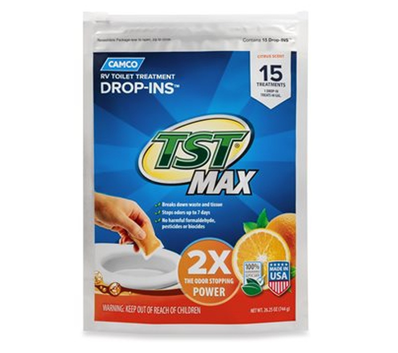 Camco TST Max Drop-Ins RV/Marine Toilet Treatment (Orange) 15/bag #41189