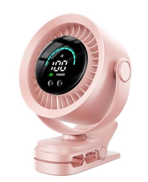 Portable Clip on Fan, 100-Speed Rechargeable USB Fan with LED Display, Pink