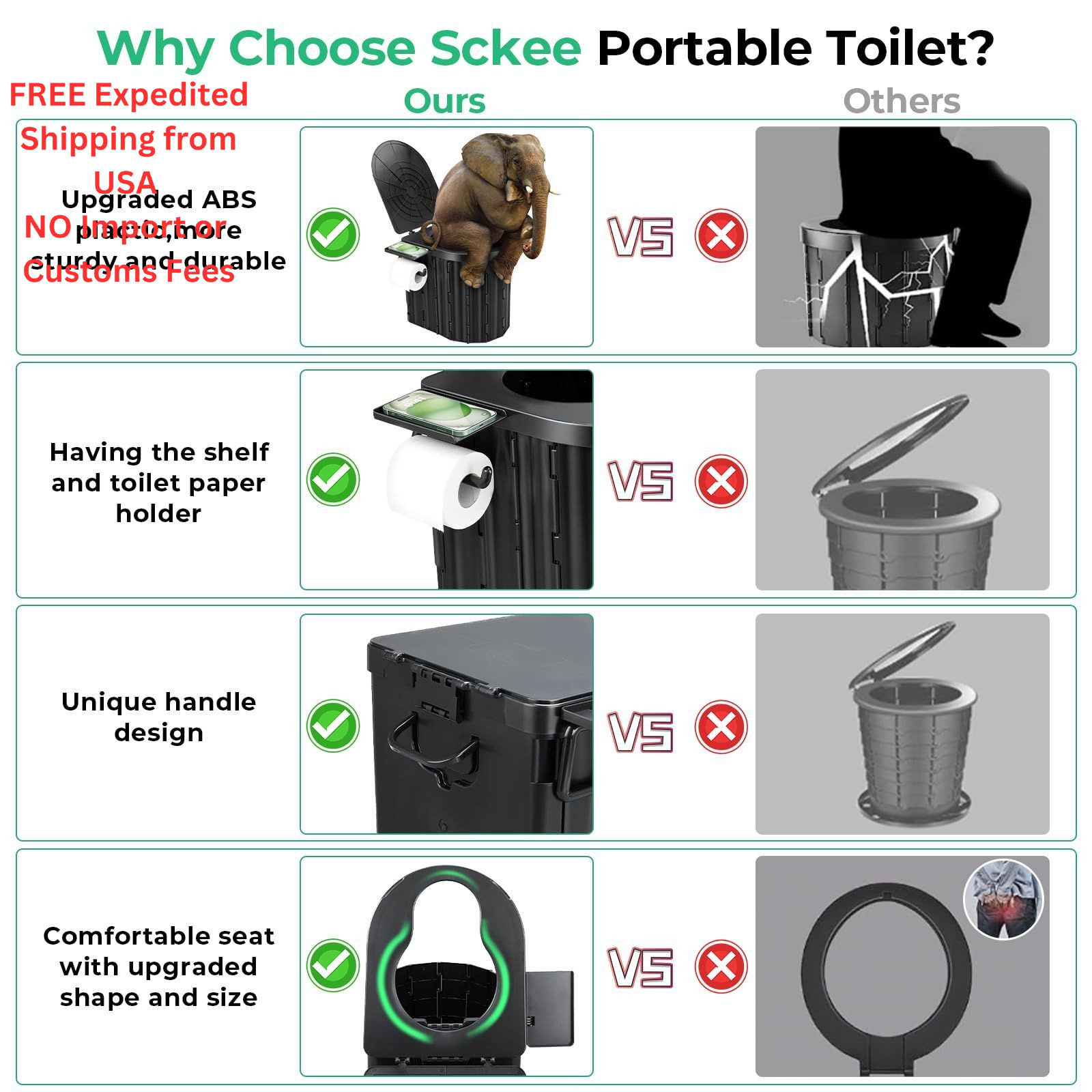 Sckee Camping Toilet, Portable Toilet for Adults, Travel Black