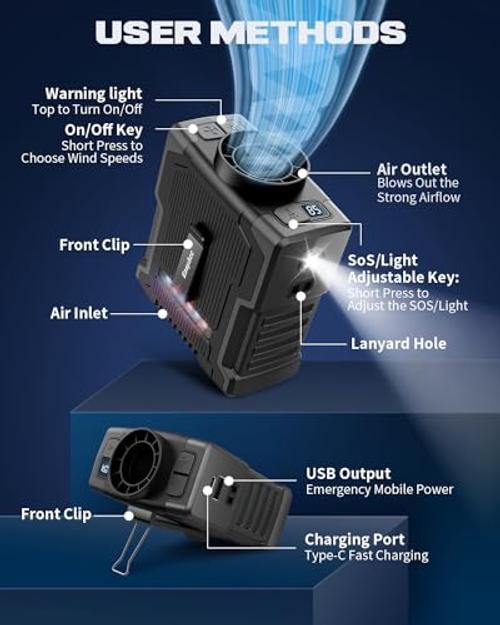 Portable Waist Fan Clip On, 20000RPM Strong Turbo Airflow, Gifts for Black