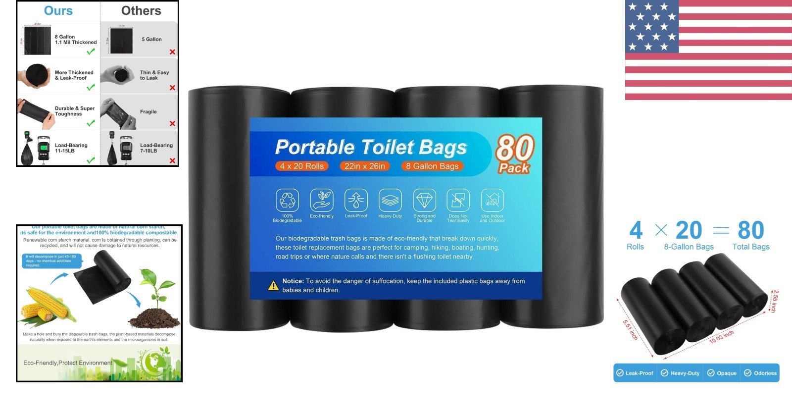 80 Biodegradable Camping Toilet Bags – 8 Gallon Compostable Waste Disposal