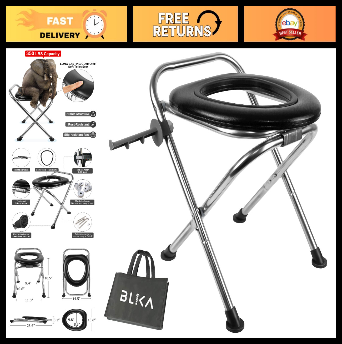 Portable Camping Toilet 350LBS, Stainless Steel Foldable Travel Toilet, Soft Sea