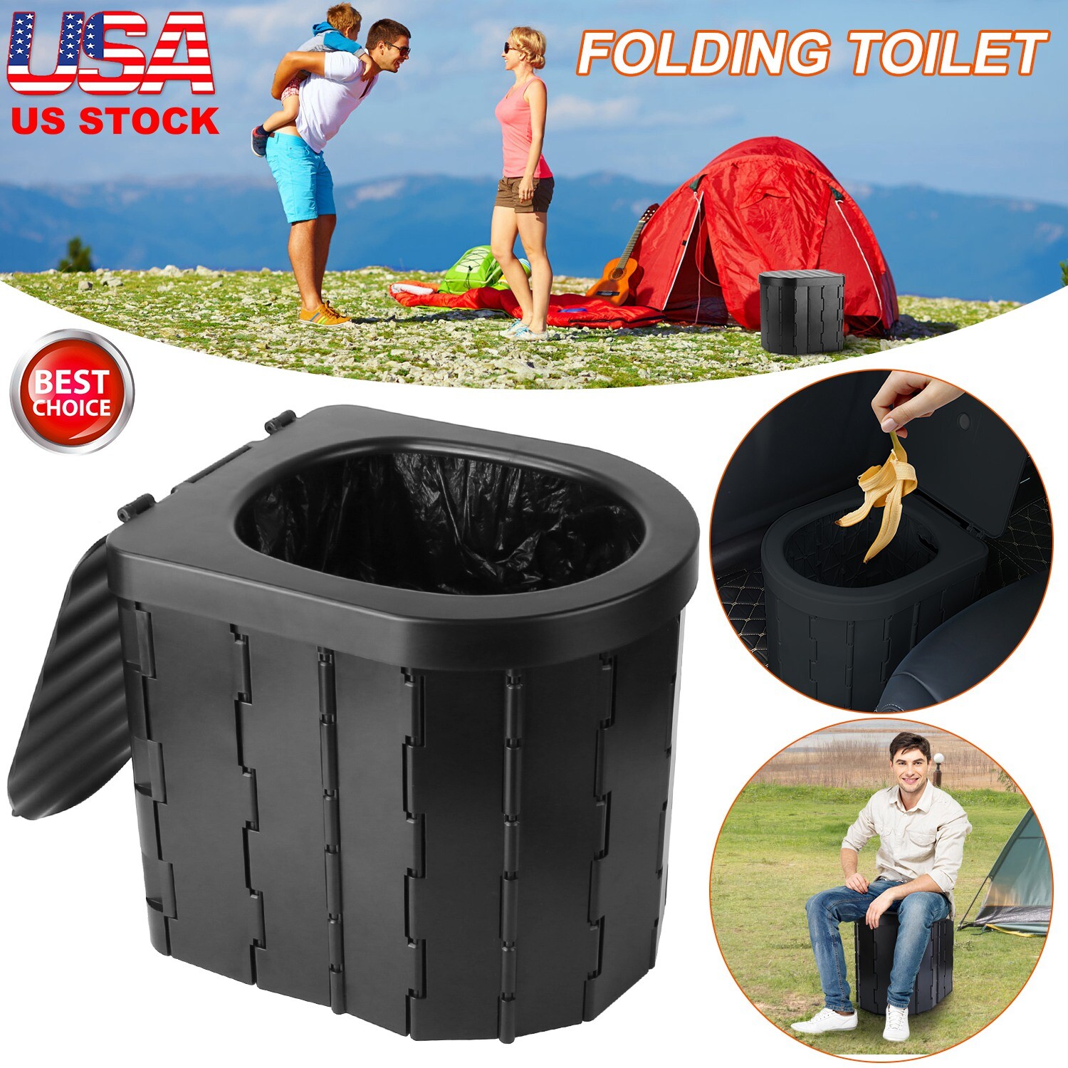 Portable Toilet for Adults Foldable Camping Potty with Lid Carry Bag Garbage Bag