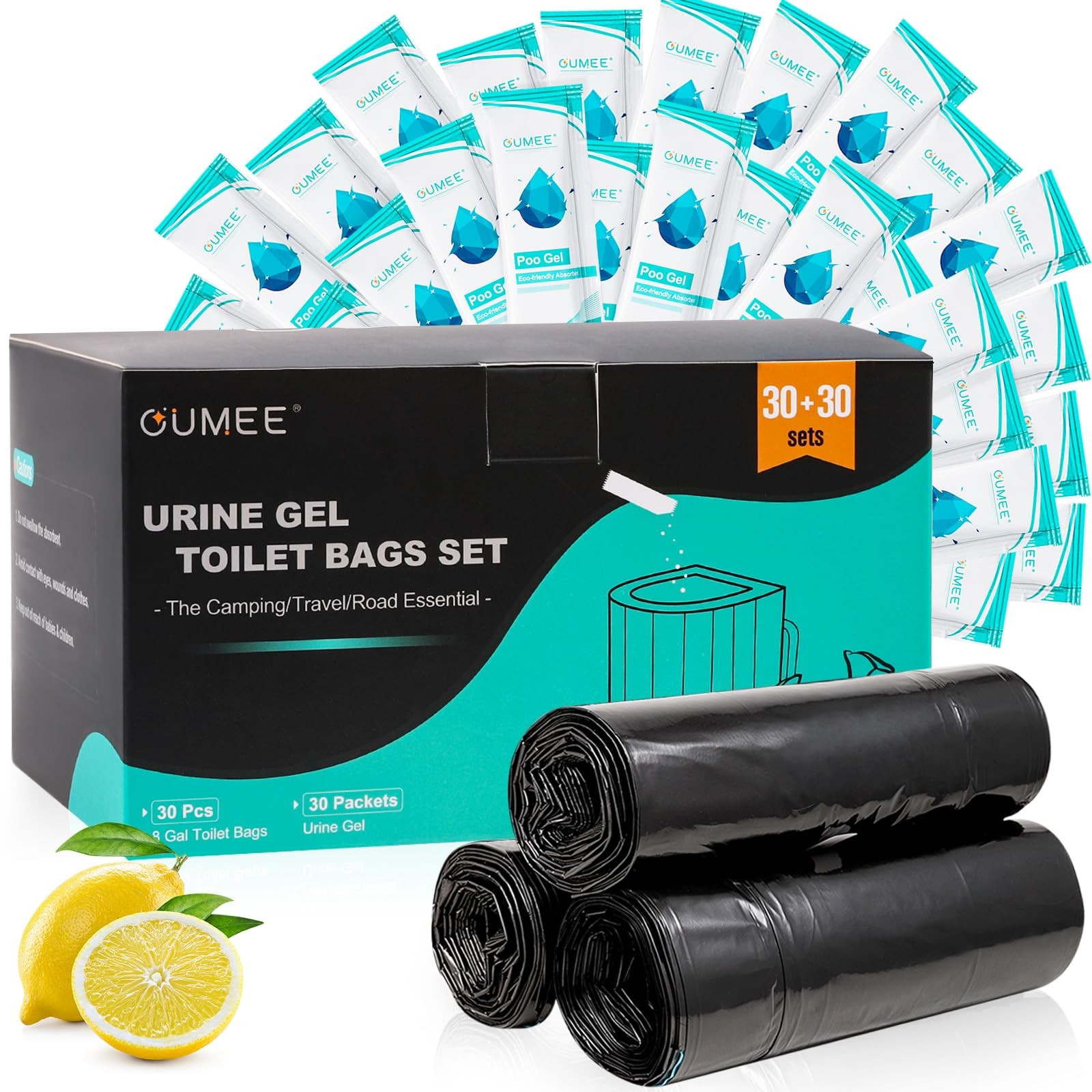 30 Portable Toilet Bags with 30 Poo Gel Set, 8 1 Count (Pack of 30), Black
