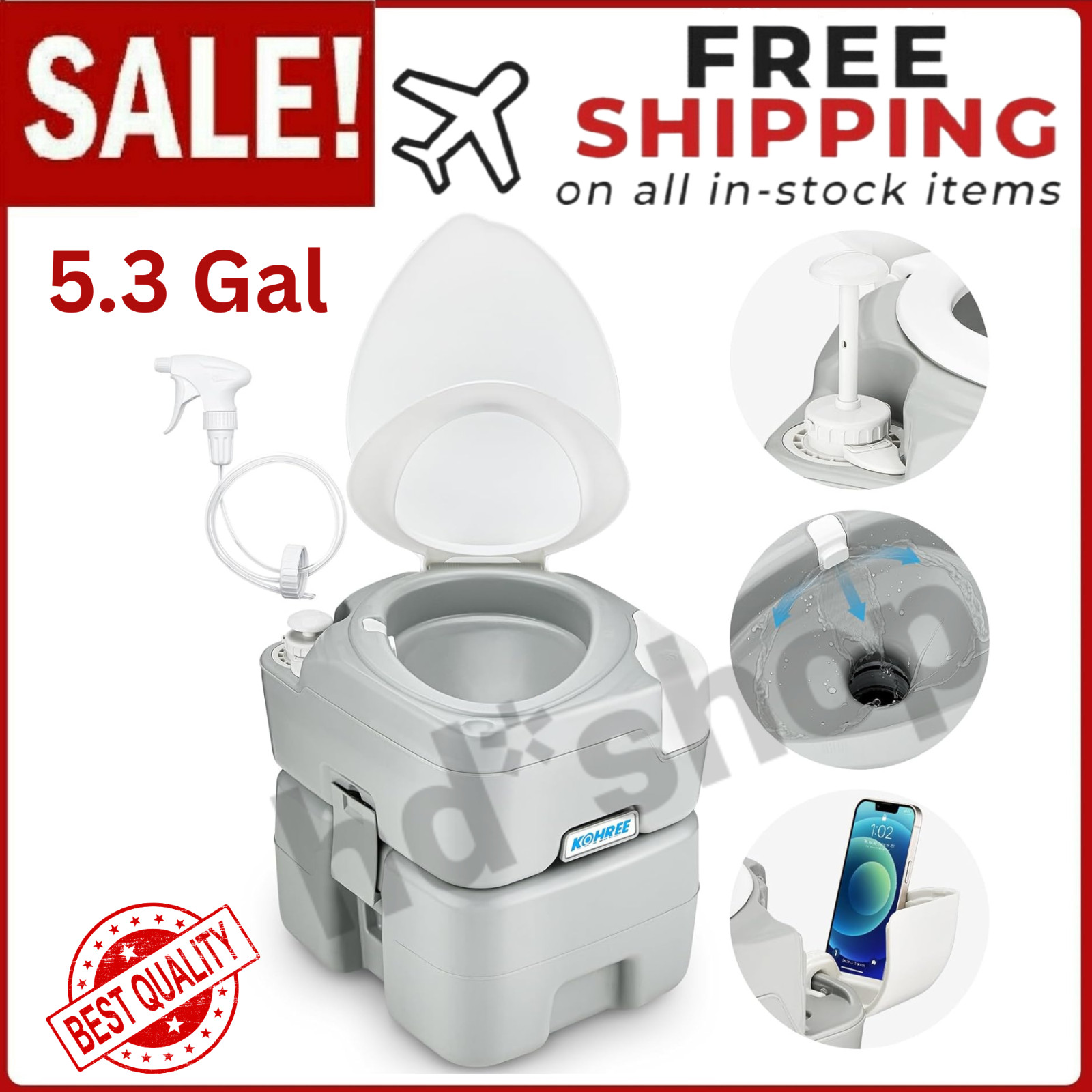 Camping Toilet Portable 5.3 Gal: 20L Porta Potty for Adults with Diagonal Bowl S