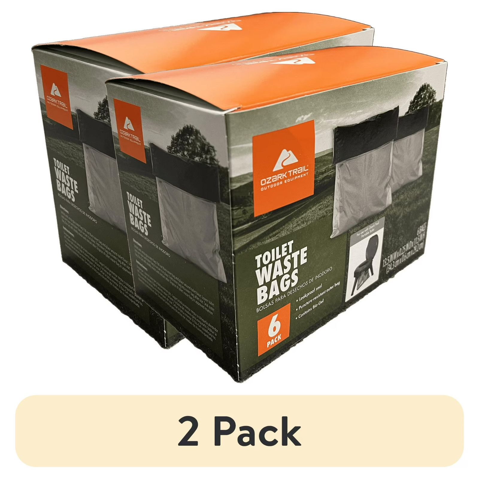 2 pack Ozark Trail Portable Toilet Waste Bags with Bio-Gel, Disposable, 6 Count