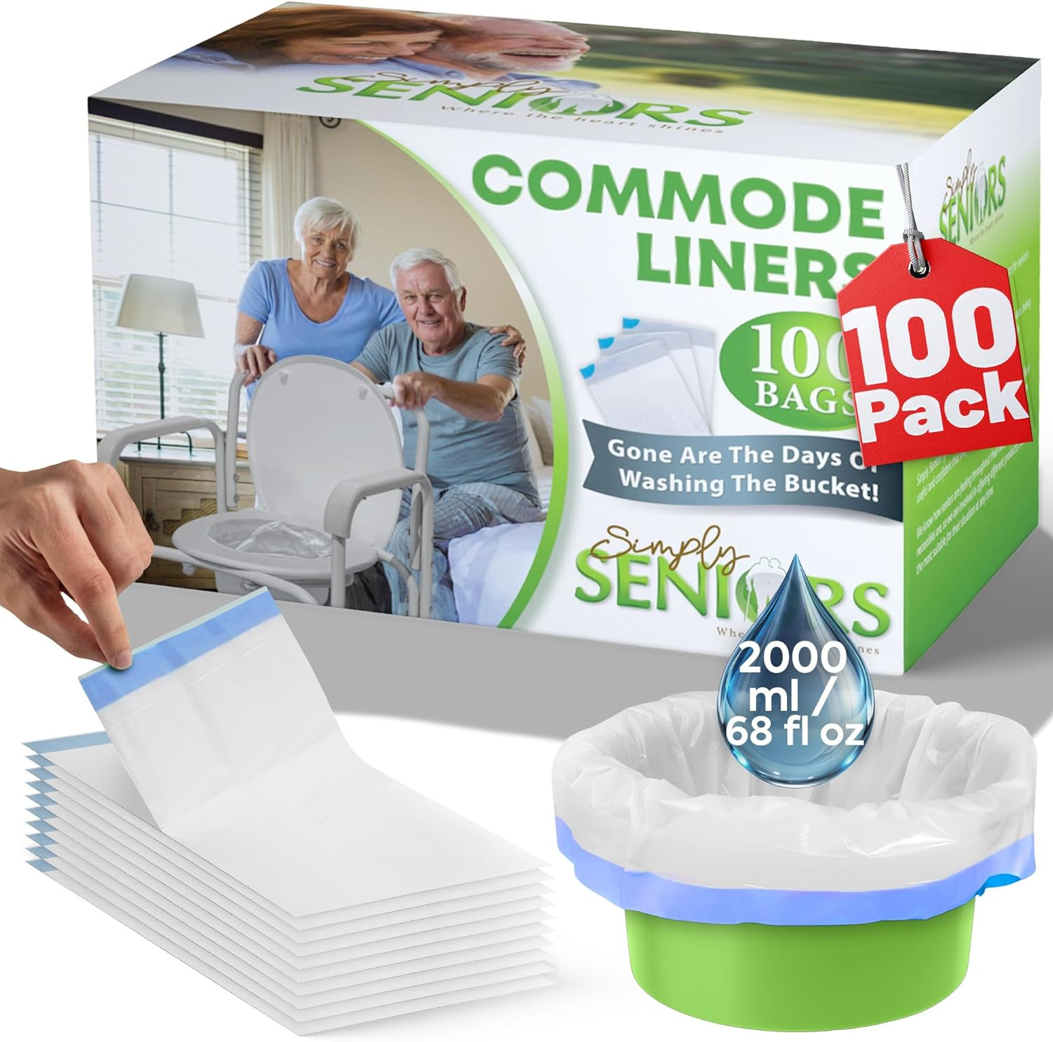 Commode Liners – 100 Strong Portable Commode Toilet Bags – Easy to Use Bedside C