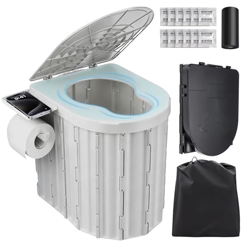 Portable Toilet for Adults, Foldable Plastic Toilet, with Lid and Paper Gray